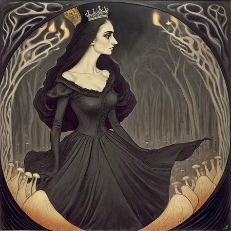 <lora:fidus_v2_7200:1>, fidus style, painting of 1 princess in profile, (gothic), border of mushrooms, black crown, unsmiling face, wearing black gown,