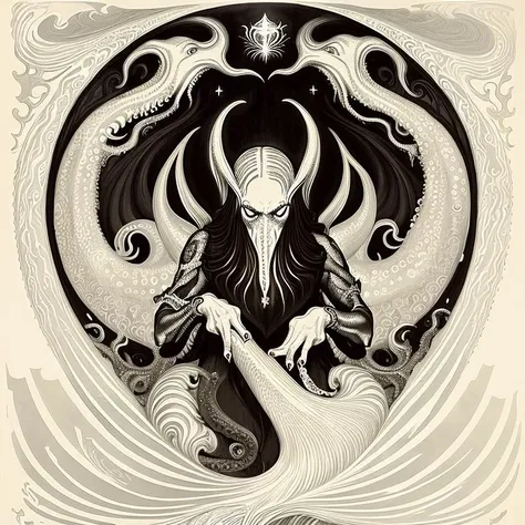 <lora:fidus_v2_7200:1>, (fidus style:1), (lithography), (cthulhu), monochromatic, ornamental frame, runic inscriptions, art, fine art, masterpiece, awardwinning, trending on artstation, best quality