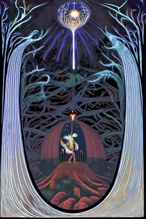 <lora:fidus_v2_7200:1.3>, (fidus style:1.3), (colorful lithography), a winged fungoid humanoid with crab-like pincers standing in front of a metal igloo in a dark forest , ornamental frame with runic inscriptions, art, fine art, masterpiece, awardwinning, trending on artstation, best quality