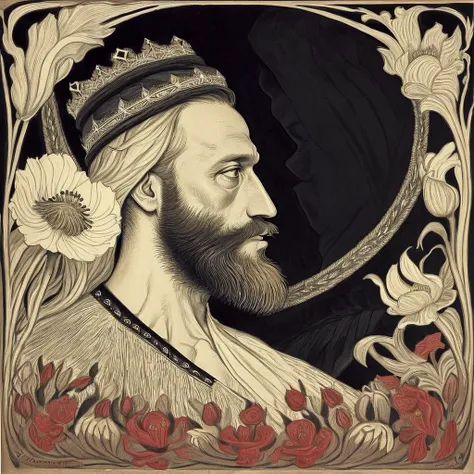 <lora:fidus_v2_7200:1>, fidus style, painting of 1 prince in profile, russian, beard, border of flowers, black crown, unsmiling face, fairy,