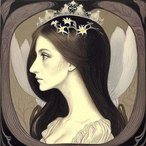 <lora:fidus_v2_7200:1>, fidus style, painting of princess in profile, border of flowers, black crown, unsmiling face, fairy,