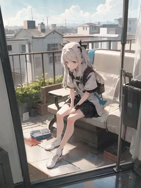 white clouds floated in the blue sky outside,clouds make up one-third of the painting,many cloud,unity 8k wallpaper, ultra detailed, beautiful and aesthetic, High quality, beautiful, masterpiece, best quality, the girl sit cross legged on the balcony on the 10th floor,watch book,distant perspective,perspective outside the balcony,8th floor and 9th floor have green plant,observing girls from afar