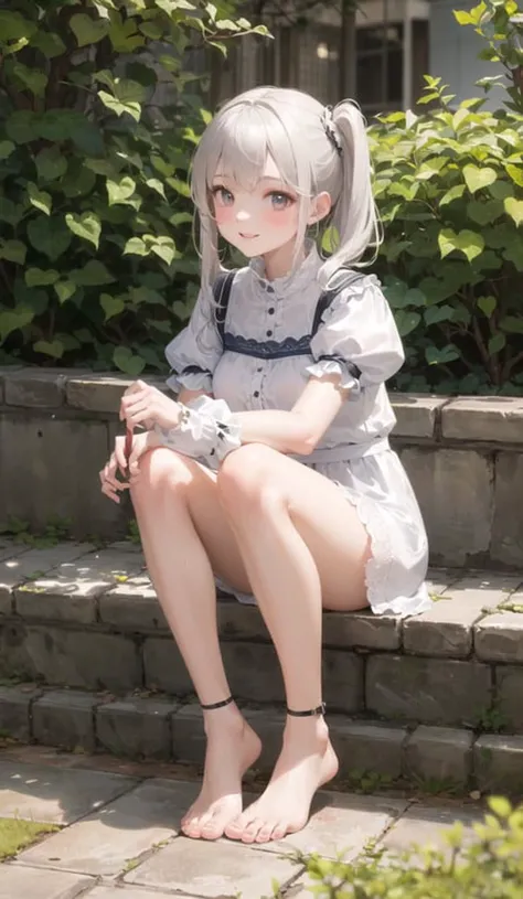 ((masterpiece,best quality)),1girl, solo,knees up, dress, short sleeves,barefoot, looking at viewer, grass, smile, white hair, puffy sleeves, outdoors, puffy short sleeves, bangs, on ground, full body, white dress, sunlight, dappled sunlight, day, depth of field ,wet