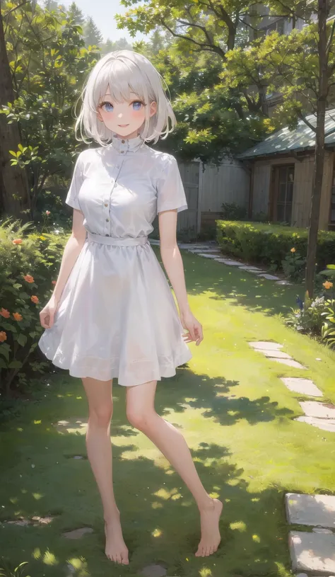 ((masterpiece,best quality)),1girl, solo, dress, short sleeves,barefoot, looking at viewer, grass, smile, white hair, outdoors, bangs,full body, sunlight, dappled sunlight, day, depth of field ,wet