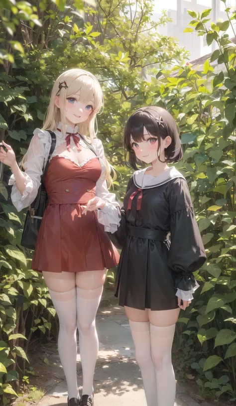 ((masterpiece,best quality)),2girls, dress,short sleeves, looking at viewer, long hair, wet, shiny skin,white thighhighs,smile, outdoors, bangs, sunlight, dappled sunlight, day, depth of field,standing,multiple girls