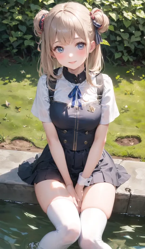 ((masterpiece,best quality)),1girl, solo, dress, short sleeves, looking at viewer, wet, shiny skin,white thighhighs,grass, smile, outdoors, bangs, sunlight, dappled sunlight, day, depth of field