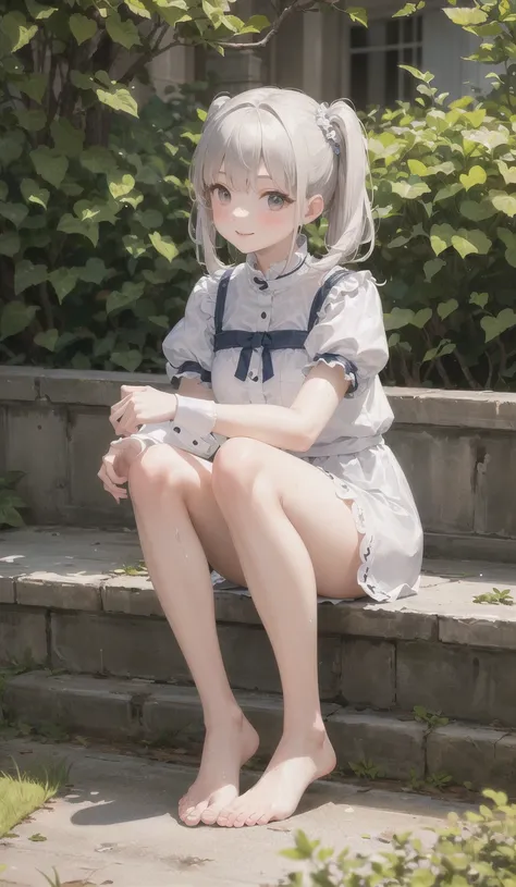 ((masterpiece,best quality)),1girl, solo,knees up, dress, short sleeves,barefoot, looking at viewer, grass, smile, white hair, puffy sleeves, outdoors, puffy short sleeves, bangs, on ground, full body, white dress, sunlight, dappled sunlight, day, depth of field ,wet