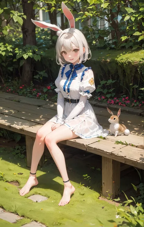 ((masterpiece,best quality)),1girl, solo, animal ears, rabbit, barefoot, knees up, dress, sitting, rabbit ears, short sleeves, looking at viewer, grass, short hair, smile, white hair, puffy sleeves, outdoors, puffy short sleeves, bangs, on ground, full body, animal, white dress, sunlight, brown eyes, dappled sunlight, day, depth of field ,wet gorund,