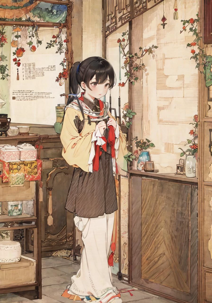 1 girl, employee uniform, black hair, black eyes, high ponytail, gloom \(expression\), supermarket, <lora:moffmachiStyle_moffmachiStyle:1> <lora:小人书:1>