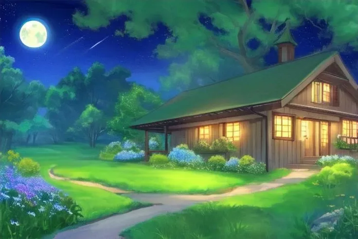 Charming landscape, fantasy, a cozy cottage in the countryside, vibrant rolling hills, beautiful wildflowers, flowers, lush greenery, nighttime, starry sky, moon, moss on roof, <lora:niji_vn_bg:1>
