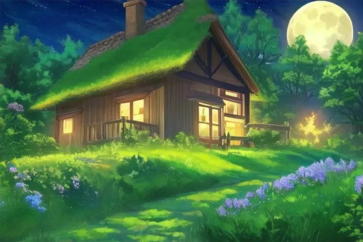 Charming landscape, fantasy, a cozy cottage in the countryside, vibrant rolling hills, beautiful wildflowers, flowers, lush greenery, nighttime, starry sky, moon, moss on roof, <lora:niji_vn_bg:1>