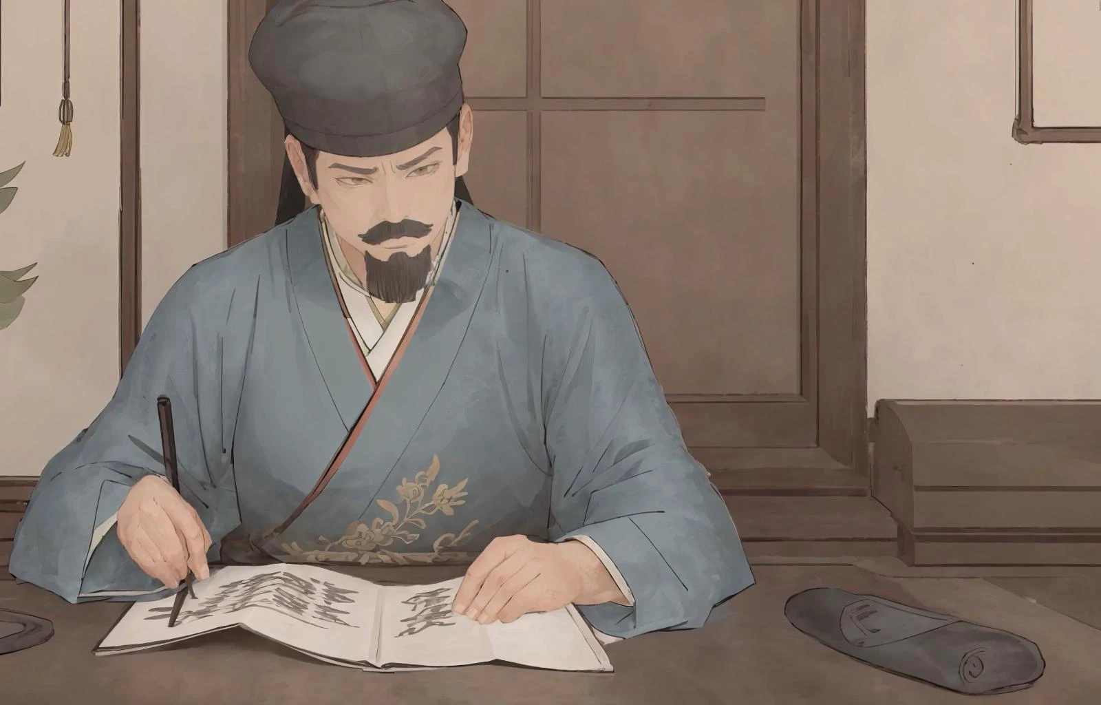man sat on the desk,flipping through paper,
(masterpiece, best quality:1.2),children's books,justice,
1boy,(middle-aged man:1.1),[hat],<lora:hanfu40-beta-3:0.4>,hanfu,ming style,yellow robe,
<lora:GFPM:0.8>,<lora:DetailedEyes_V3:0.2>,