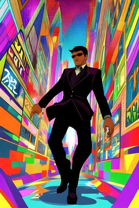 Vector arts, colorful background , a man walking in the middle of a cityscape, <lora:Vectorart_last:1>