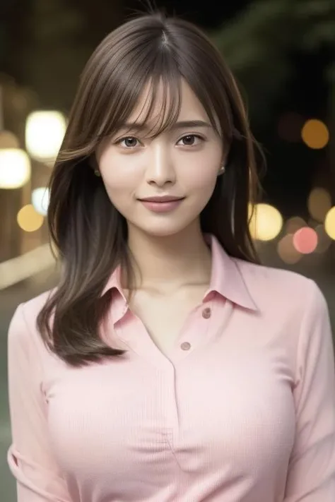 1girl,(wearing a pink blouse:1.4),(RAW photo, best quality), (realistic, photo-realistic:1.4), masterpiece, an extremely delicate and beautiful, extremely detailed, 2k wallpaper, Amazing, finely detail, extremely detailed CG unity 8k wallpaper, ultra-detailed, highres, soft light, beautiful detailed girl, extremely detailed eyes and face, beautiful detailed nose, beautiful detailed eyes,cinematic lighting,city lights at night,perfect anatomy,slender body,(wide smile) <lora:nittasachika_lora:0.7>