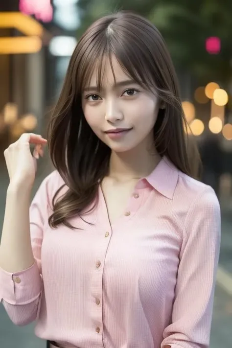 1girl,(wearing a pink blouse:1.4),(RAW photo, best quality), (realistic, photo-realistic:1.4), masterpiece, an extremely delicate and beautiful, extremely detailed, 2k wallpaper, Amazing, finely detail, extremely detailed CG unity 8k wallpaper, ultra-detailed, highres, soft light, beautiful detailed girl, extremely detailed eyes and face, beautiful detailed nose, beautiful detailed eyes,cinematic lighting,city lights at night,perfect anatomy,slender body,(wide smile) <lora:nittasachika_lora:0.7>