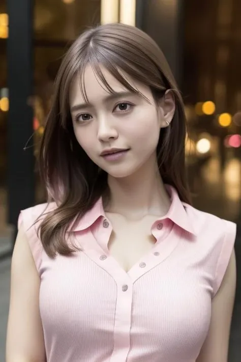 1girl,(wearing a pink blouse:1.4),(RAW photo, best quality), (realistic, photo-realistic:1.4), masterpiece, an extremely delicate and beautiful, extremely detailed, 2k wallpaper, Amazing, finely detail, extremely detailed CG unity 8k wallpaper, ultra-detailed, highres, soft light, beautiful detailed girl, extremely detailed eyes and face, beautiful detailed nose, beautiful detailed eyes,cinematic lighting,city lights at night,perfect anatomy,slender body,smiling <lora:nittasachika_lora:0.7>
