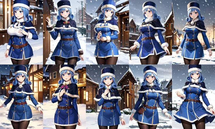 masterpiece, best quality, highres, aajuvia, curly hair, hat, capelet, blue dress, long sleeves, brown belt, pantyhose,<lora:juvia_lockser_v1:0.7>, snow, standing, cowboy shot, snowing, outdoors