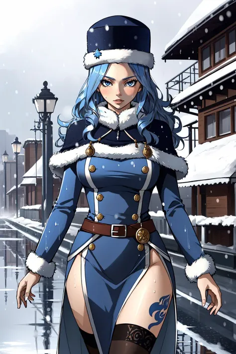 (masterpiece, best quality), intricate details,
1girl, <lora:juvia_lockser_v1:0.8> aajuvia, long hair, blue headwear, fur-trimmed headwear, capelet, blue dress, long sleeves, belt, side slit, tattoo, thighhighs,
Water, snow, reflection, cold, winter, wet,