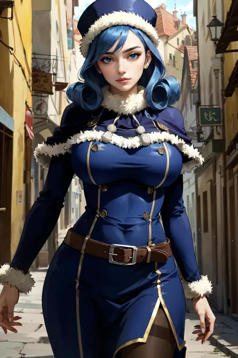 (masterpiece, best quality, ultra detailed, absurdres)1.5, 1girl, (sexy, beautiful woman, perfect face, perfect eyes, perfect female body, huge breasts)1.5, (juvia lockser, aajuvia, curly hair, hat, capelet, fur trim, blue dress, long sleeves, brown belt, pantyhose, <lora:juvia_lockser_v1:0.7>), (standing, medieval city, coastal city), perfect lighting, smooth, hdr