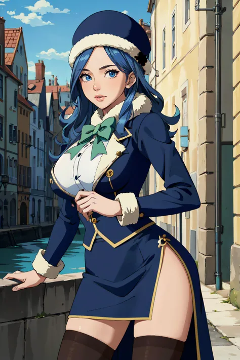 (masterpiece, best quality, ultra detailed, absurdres)1.5, 1girl, (sexy, beautiful woman, perfect face, perfect eyes, perfect female body, huge breasts)1.5, (juvia lockser, aajuvia, long hair, blue headwear, fur-trimmed headwear, green bow, jacket, long sleeves, blue skirt, side slit, thighhighs, <lora:juvia_lockser_v1:0.7>), (standing, medieval city, coastal city), perfect lighting, smooth, hdr