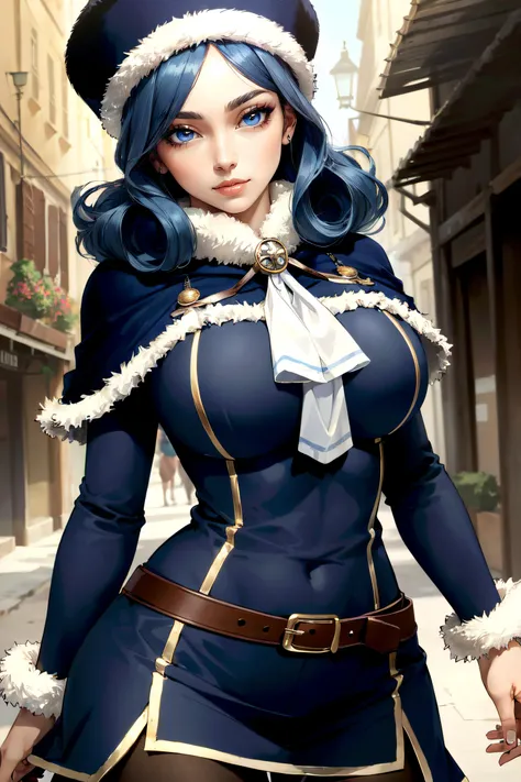 (masterpiece, best quality, ultra detailed, absurdres)1.5, 1girl, (sexy, beautiful woman, perfect face, perfect eyes, perfect female body, huge breasts)1.5, (juvia lockser, aajuvia, curly hair, hat, capelet, fur trim, blue dress, long sleeves, brown belt, pantyhose, <lora:juvia_lockser_v1:0.7>), (standing, medieval city, coastal city), perfect lighting, smooth, hdr