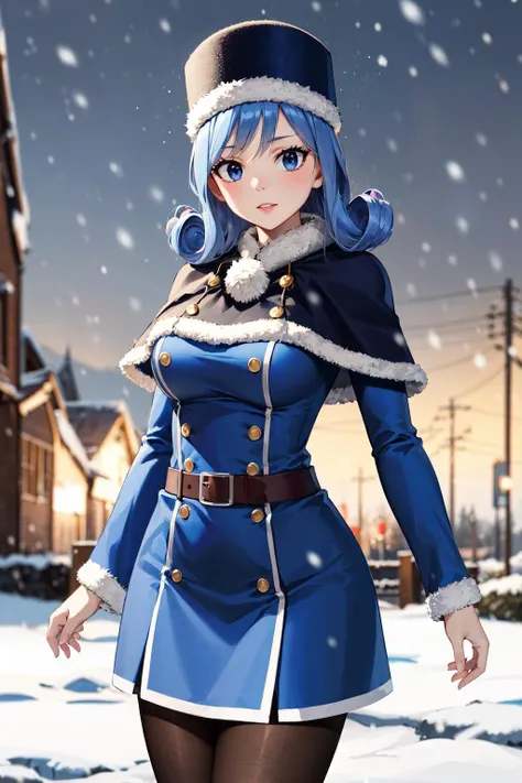 (masterpiece, best quality),  intricate details,
1girl,  <lora:juvia_lockser_v1:0.8> aajuvia, long hair, blue headwear, fur-trimmed headwear, capelet, blue dress, long sleeves, belt, side slit, tattoo, thighhighs,
Water, snow, reflection, cold, winter, wet,