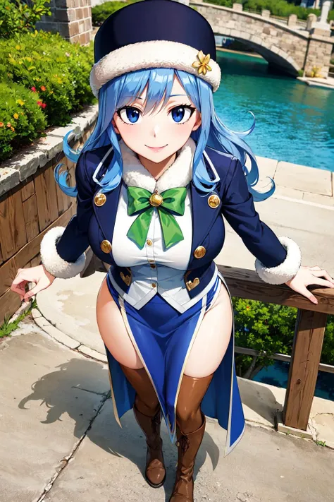 masterpiece, best quality, highres, aajuvia, long hair, blue headwear, fur-trimmed headwear, green bow, jacket, long sleeves, blue skirt, side slit, thighhighs, <lora:juvia_lockser_v1:0.7>, standing, cowboy shot, indoors