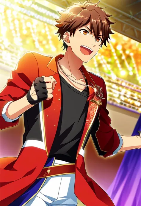 Score_8, 1boy, male focus, (solo focus:1.05), game cg, <lora:ChiakiMorisawaSDXL:0.7> morisawa_chiaki, brown hair, brown eyes, happy, singing, on stage, idol clothes, red jacket, white pants, black shirt, necklace, idol clothes, fingerless gloves,