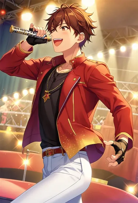 Score_8, 1boy, male focus, (solo focus:1.05), game cg, <lora:ChiakiMorisawaSDXL:0.7> morisawa_chiaki, brown hair, brown eyes, happy, singing, on stage, idol clothes, red jacket, white pants, black shirt, necklace, idol clothes, fingerless gloves,