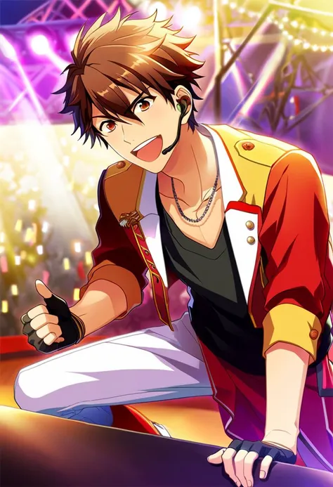 Score_8, 1boy, male focus, (solo focus:1.05), game cg, <lora:ChiakiMorisawaSDXL:0.7> morisawa_chiaki, brown hair, brown eyes, happy, singing, on stage, idol clothes, red jacket, white pants, black shirt, necklace, idol clothes, fingerless gloves, looking at viewer, earpiece,