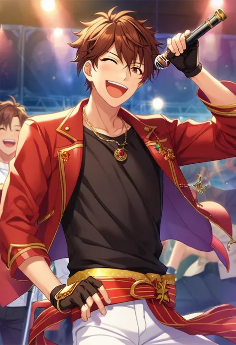 Score_8, 1boy, male focus, (solo focus:1.05), game cg, <lora:ChiakiMorisawaSDXL:0.7> morisawa_chiaki, brown hair, brown eyes, happy, singing, on stage, idol clothes, red jacket, white pants, black shirt, necklace, idol clothes, fingerless gloves,