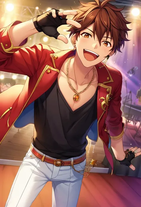 Score_8, 1boy, male focus, (solo focus:1.05), game cg, <lora:ChiakiMorisawaSDXL:0.7> morisawa_chiaki, brown hair, brown eyes, happy, singing, on stage, idol clothes, red jacket, white pants, black shirt, necklace, idol clothes, fingerless gloves, looking at viewer, earpiece,