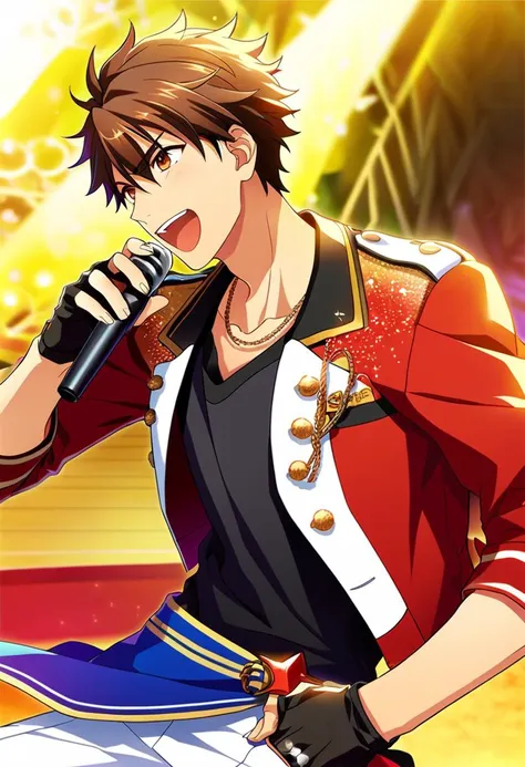 Score_8, 1boy, male focus, (solo focus:1.05), game cg, <lora:ChiakiMorisawaSDXL:0.7> morisawa_chiaki, brown hair, brown eyes, happy, singing, on stage, idol clothes, red jacket, white pants, black shirt, necklace, idol clothes, fingerless gloves,