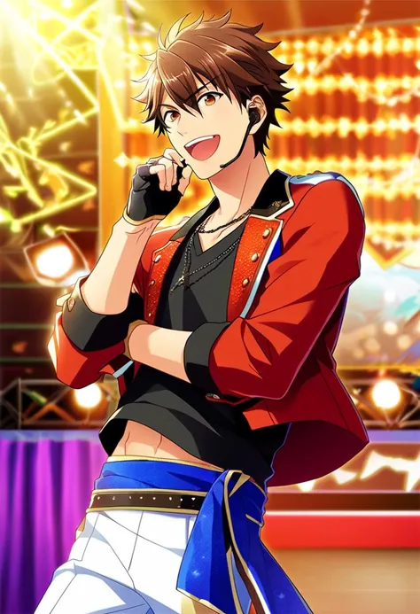 Score_8, 1boy, male focus, (solo focus:1.05), game cg, <lora:ChiakiMorisawaSDXL:0.7> morisawa_chiaki, brown hair, brown eyes, happy, singing, on stage, idol clothes, red jacket, white pants, black shirt, necklace, idol clothes, fingerless gloves, looking at viewer, earpiece,