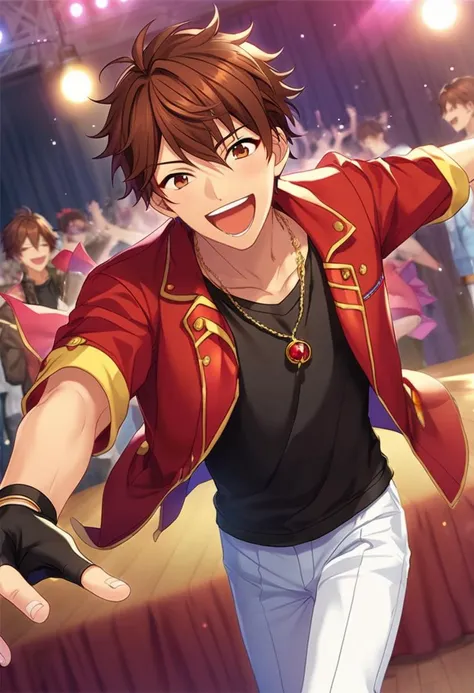 Score_8, 1boy, male focus, (solo focus:1.05), game cg, <lora:ChiakiMorisawaSDXL:0.7> morisawa_chiaki, brown hair, brown eyes, happy, singing, on stage, idol clothes, red jacket, white pants, black shirt, necklace, idol clothes, fingerless gloves,