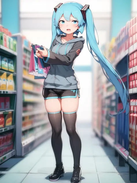 1girl, aqua eyes, aqua hair, hatsune miku, hoodie, shorts, long sleeves, thighhighs,
looking at viewer, open mouth, full body, standing, shopping mall
<lora:abmono4_dim_64_fro:1>