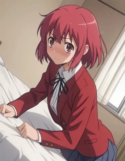 score_9, score_8_up, score_7_up, source_anime,
minorikushieda, <lora:minori-kushieda-s1-ponyxl-lora-nochekaiser:1>,
minori kushieda, short hair, red eyes, red hair,
school uniform, oohashi high school uniform, jacket, red jacket, long sleeves, shirt, white shirt, collared shirt, ribbon, skirt, pleated skirt,
indoors, bed, bed room, on side, blush, drunk,
looking at viewer, solo, cowboy shot, dutch angle,