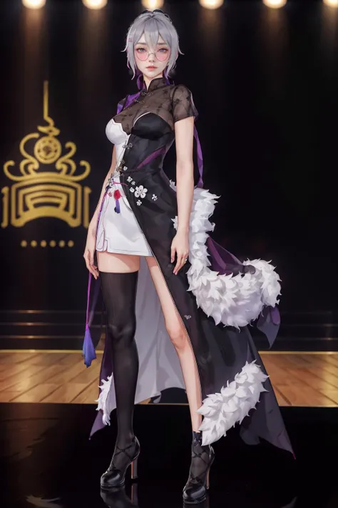 8K,highres,absurdres,masterpiece,best quality,original,extremely detailed CG,extremely detailed wallpaper,perfect lighting,<lyco:GoodHands-beta2:1>,1girl,blurry background,looking at viewer,standing on the stage,
<lora:yeman-v100:0.6>,yeman,tinted eyewear,round eyewear,black gloves,black footwear,single thighhigh,black dress,bronya zaychik,long hair,grey hair,asymmetrical gloves,chinese clothes,dress,