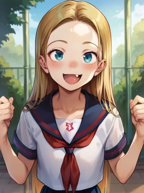 ,source_manga
cowboy shot, standing,
<lora:sasha_haguhagu:1>,Sasha, blond, blue eyes,long hair,
, 15 yo,(collarbone:1.2),happy, fang,school uniform,serafuku, (,sexy pose:1.3),, score_9,score_8_up,score_7_up BREAK