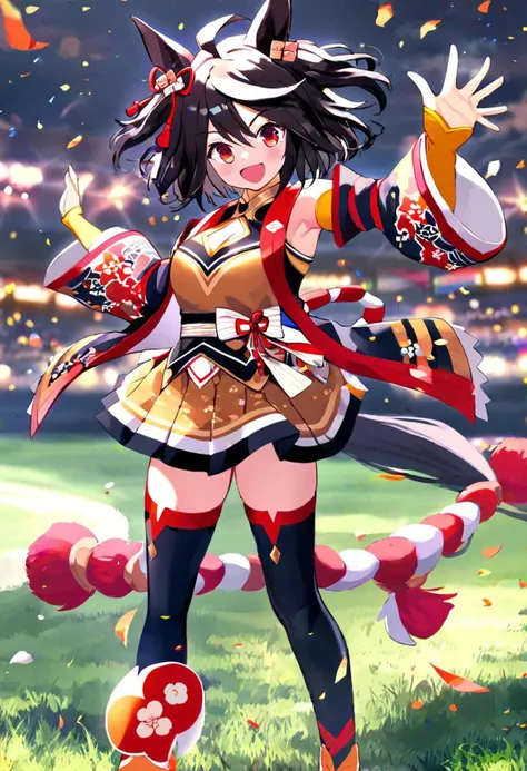 score_9, score_8_up, score_7_up BREAK
(grassland), racing,
shobufuku, 1girl, solo, breasts, looking at viewer, smile, short hair, black hair, hair ornament, red eyes, thighhighs, animal ears, cleavage, hair between eyes, medium breasts, tail, full body, ahoge, white hair, multicolored hair, detached sleeves, (black thighhighs), streaked hair, clothing cutout, cleavage cutout, horse ears, horse girl, rope, horse tail, shimenawa, (standing), sing arm waving, laughing,
<lora:Kitasan_Black-ponyXL_V1:0.8>,