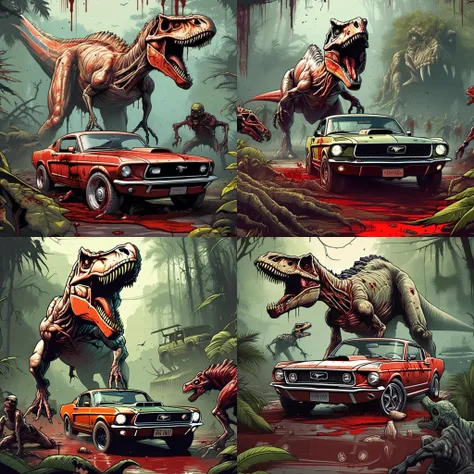 breathtaking sports car ford mustang, horrible terror, gore, blood, in jungle in style of dnmumfrd <lora:dan_mumford:1> , a dinosaur (undead zombie:1.5) t-rex in background