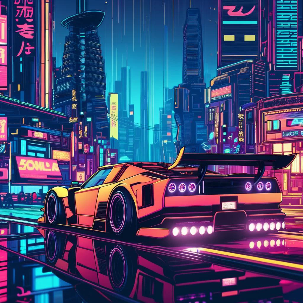 cinematic photo anime artwork breathtaking (masterpiece:1.1), (best quality:1.1), (ultra highres:1.1), (Hyperrealistic:1.2) 4K Unity Wallpaper, retrofuturistic car, (front angled view:0.5), low view, cyberpunk, wide fender flares, deep rims, racing wheels, (cinematic lighting:1.1), depth of field, bokeh, night time, city, neon lights by dnmumfrd <lora:dan_mumford:1>, . award-winning, professional, highly detailed . anime style, key visual, vibrant, studio anime, highly detailed . 35mm photograph, film, bokeh, professional, 4k, highly detailed