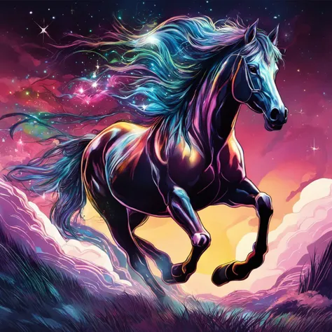 (professional illustration 2d:2.5) breathtaking artwork Epic wide angle illustration of a horse made out of (opalescent irradiance:1.25) and colorful energy, space nebula and iridescent colors, excessive energy jolttech in the shape of a horse, running in a grassfield at night by dnmumfrd <lora:dan_mumford_v1g:8>, . , key visual, vibrant, highly detailed . award-winning, professional, highly detailed , highly detailed, volumetric, dramatic lighting,,vector graphics, celshading, digital art, breathtaking  . award-winning, professional, highly detailed