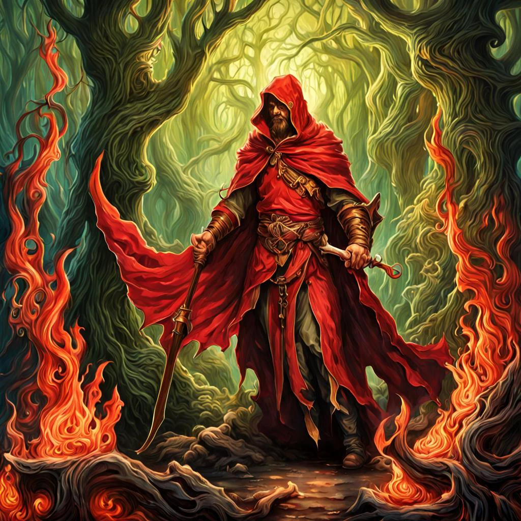 masterpiece, best quality, angry goblin warrior in the forest with arms crossed wearing tethered dirty appeal and red cloak by dnmumfrd <lora:dan_mumford_v09:1.2>, Crystal Caverns . Majestic underground city carved from stunning natural crystal formations, translucent spires, glittering architecture, Heroic Realist sculpture . Figures with idealized musculature posing dynamically, celebrating ideals of mass utopian culture, Kinetic sculpture . Moving parts, plays of light, floating shapes, real motion that transforms itself, horror-themed . eerie, unsettling, dark, spooky, suspenseful, grim, highly detailed, tilt-shift photo of . Selective focus, miniature effect, blurred background, highly detailed, vibrant, perspective control, Art nouveau style . Ornate organic pattern, floral motifs, curving lines, elegant decoration, gold accents