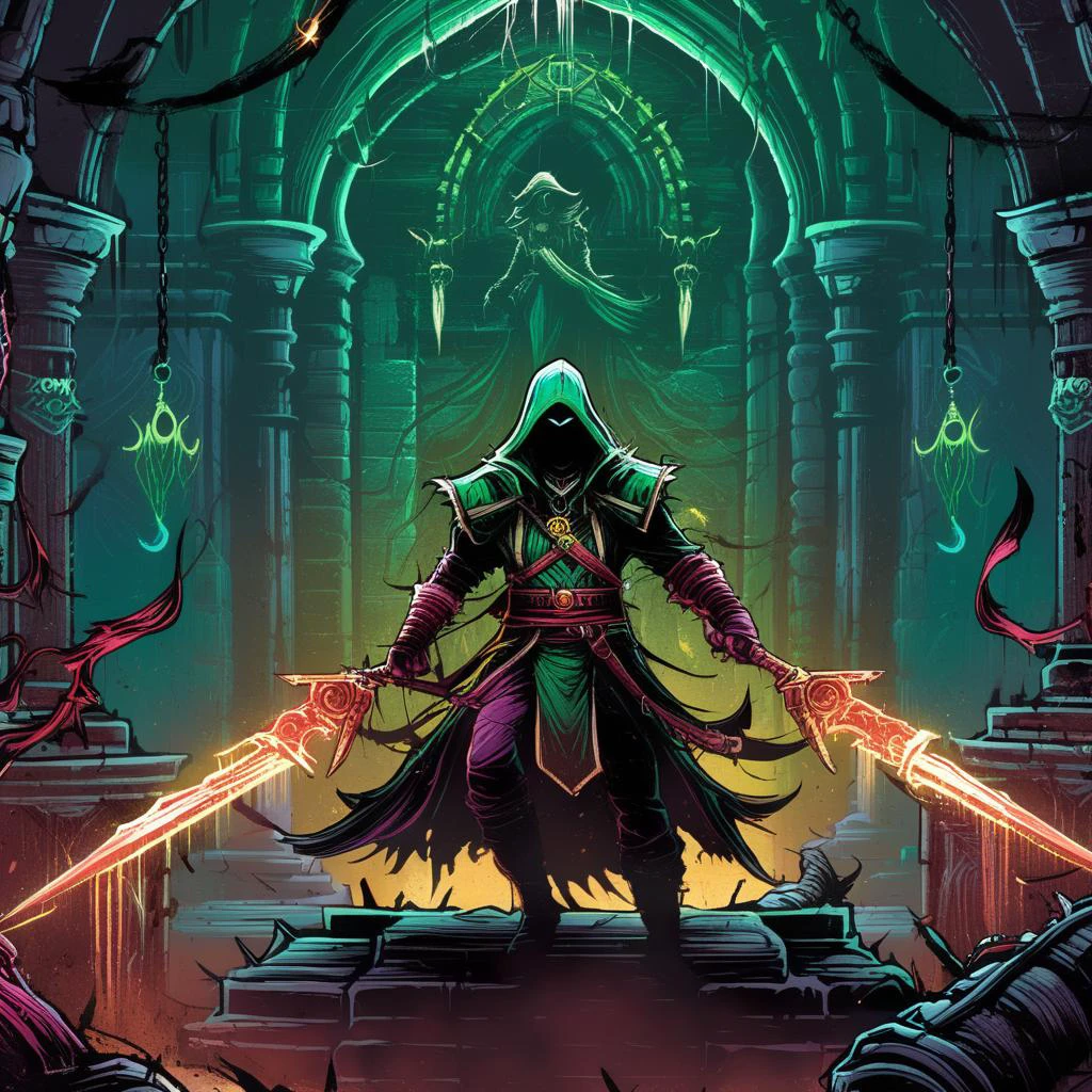 breathtaking concept art a sinister rogue class dual wielding poisoned daggers in (dark dungeon:1.3) by dnmumfrd <lora:dan_mumfordv04:1> masterpiece, best quality . digital artwork, illustrative, painterly, matte painting, highly detailed . award-winning, professional, highly detailed