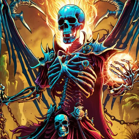 professional 3d model breathtaking anime artwork skeleton warrior mage casting firespell wearing tethered robe and partial chain armor, cracked skull, exposed brain, horrible terror, gore, blood, in jungle by dnmumfrd <lora:dan_mumfordv04:1> cornell box . anime style, key visual, vibrant, studio anime, highly detailed . award-winning, professional, highly detailed . octane render, highly detailed, volumetric, dramatic lighting