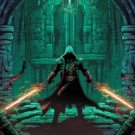 breathtaking concept art a sinister rogue class dual wielding poisoned daggers in (dark dungeon:1.3) by dnmumfrd <lora:dan_mumford:1> masterpiece, best quality . digital artwork, illustrative, painterly, matte painting, highly detailed . award-winning, professional, highly detailed