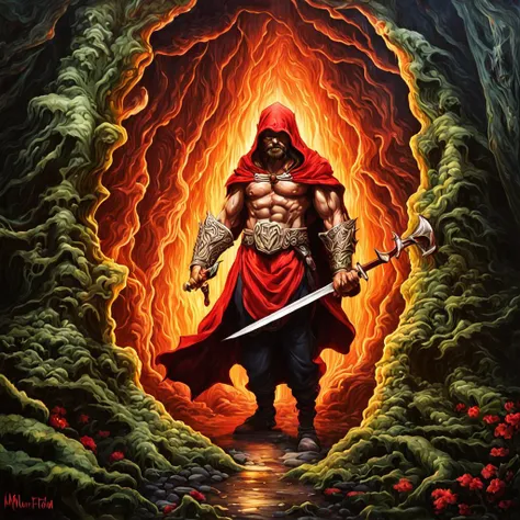 masterpiece, best quality, angry goblin warrior in the forest with arms crossed wearing tethered dirty appeal and red cloak by dnmumfrd <lora:dan_mumford_v09:1.2>, Crystal Caverns . Majestic underground city carved from stunning natural crystal formations, translucent spires, glittering architecture, Heroic Realist sculpture . Figures with idealized musculature posing dynamically, celebrating ideals of mass utopian culture, Kinetic sculpture . Moving parts, plays of light, floating shapes, real motion that transforms itself, horror-themed . eerie, unsettling, dark, spooky, suspenseful, grim, highly detailed, tilt-shift photo of . Selective focus, miniature effect, blurred background, highly detailed, vibrant, perspective control, Art nouveau style . Ornate organic pattern, floral motifs, curving lines, elegant decoration, gold accents