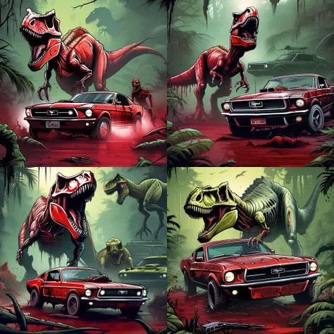 breathtaking sports car ford mustang, horrible terror, gore, blood, in jungle in style of dnmumfrd <lora:dan_mumfordv04:0.5> , a dinosaur (undead zombie:1.5) t-rex in background