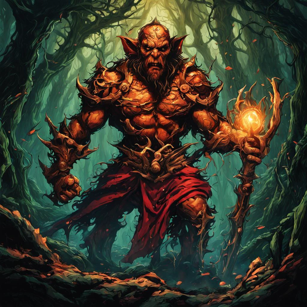 masterpiece, 2d digital art illustration, (perfect drawing:1.8), best quality, (angry goblin warrior:1.4) in the forest with arms crossed wearing tethered dirty appeal and red cloak by dnmumfrd <lora:dan_mumford_v1:1.3>, Crystal Caverns . Majestic underground city carved from stunning natural crystal formations, translucent spires, glittering architecture, Heroic . idealized musculature posing dynamically, celebrating ideals of mass utopian culture, Kinetic . Moving parts, plays of light, floating shapes, real motion that transforms itself, horror-themed . eerie, unsettling, dark, spooky, suspenseful, grim, highly detailed, tilt-shift . Selective focus, blurred background, highly detailed, vibrant, perspective control, Ornate organic pattern, floral motifs, curving lines, elegant decoration, gold accents, cinematic film still . shallow depth of field, vignette, highly detailed, high budget, bokeh, cinemascope, moody, epic, gorgeous, film grain, grainy, breathtaking . award-winning, professional, highly detailed, horror-themed . eerie, unsettling, dark, spooky, suspenseful, grim, highly detailed, long exposure photo of . Blurred motion, streaks of light, surreal, dreamy, ghosting effect, highly detailed